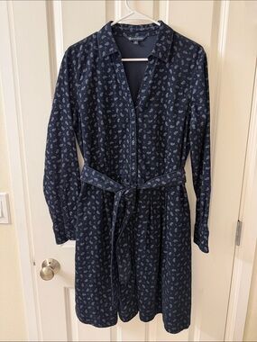 Brooks Brothers Navy Paisley Long-Sleeve Shirt Dress with Tie Belt
